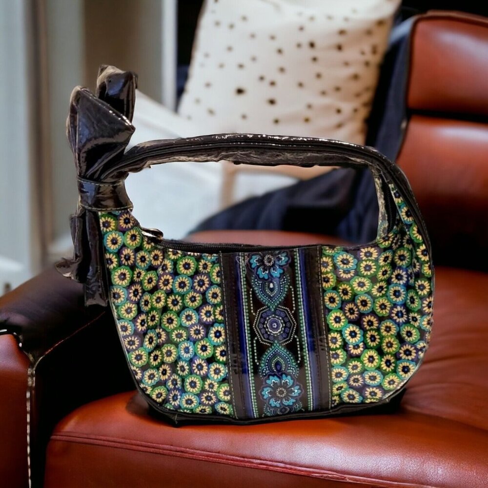 Vera Bradley Frill Blue Green Floral Bow Hobo Handbag Purse